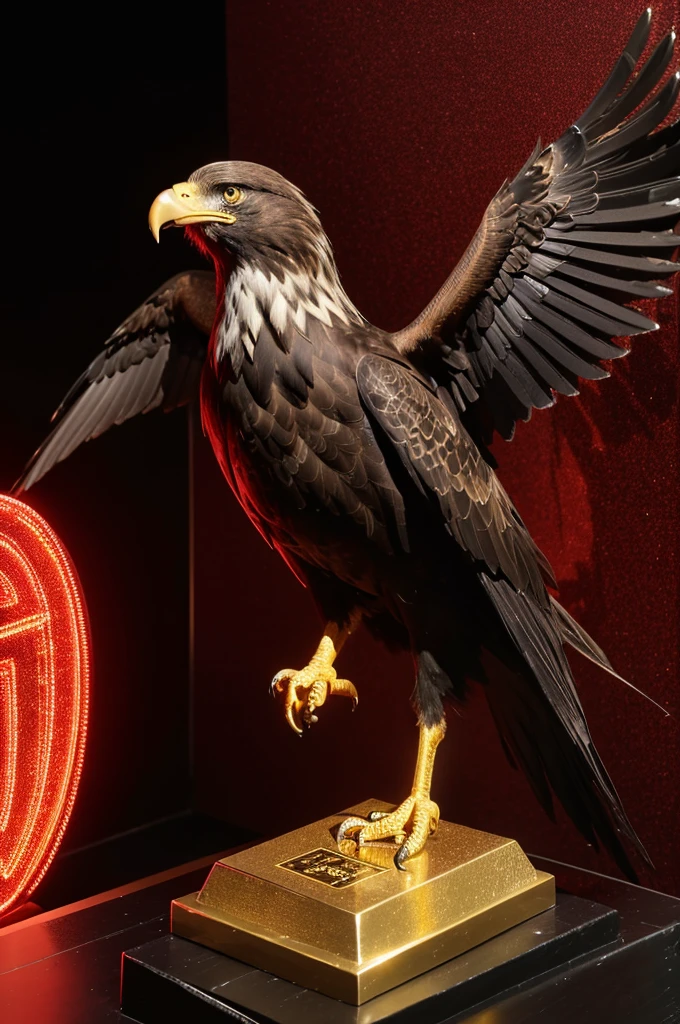 Displays full HD high resolution, a hologram logo, The eagle is made of thick metal, a combination of gold and black and winged with a ribbon with a name written on it " Host aide and a red LED next to the logo on a shiny brick background, with red neon lighting