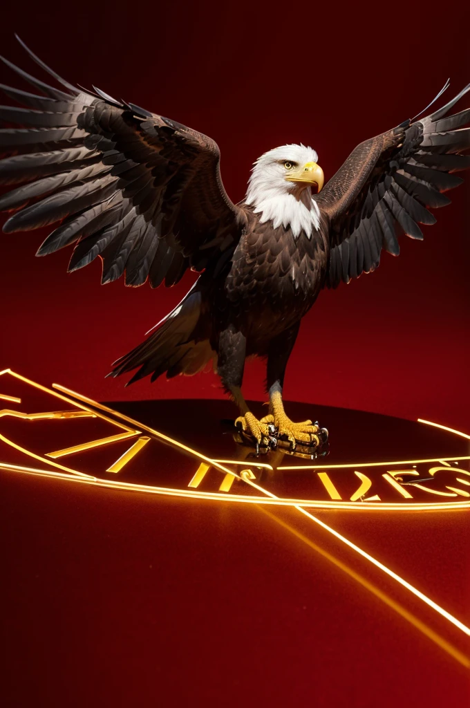 Displays full HD high resolution, a hologram logo, The eagle is made of thick metal, a combination of gold and black and winged with a ribbon with a name written on it " Host aide and a red LED next to the logo on a shiny brick background, with red neon lighting