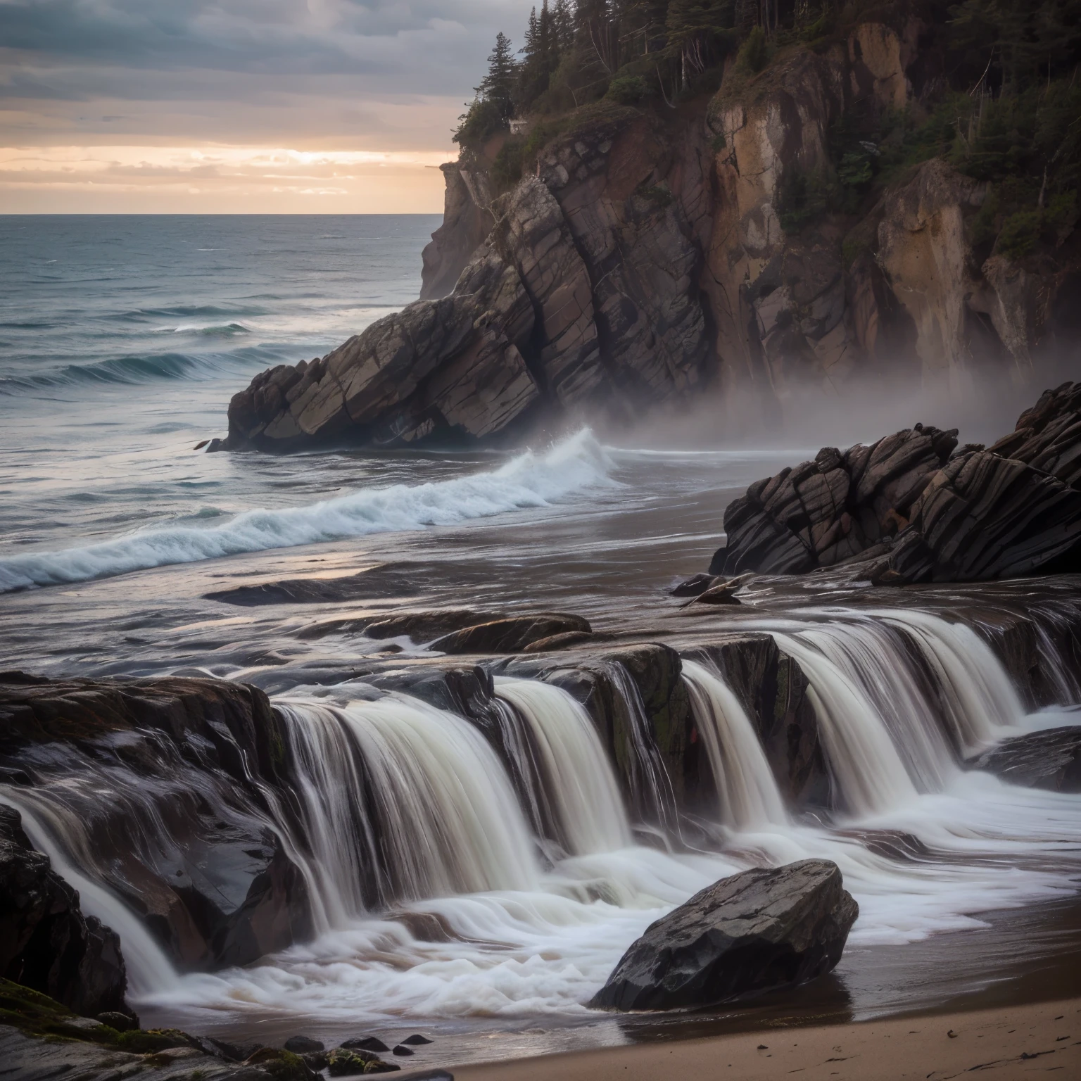 sunset, dusk, twilight.
Detailed Description of the Sea Area at the Coast of British Columbia
The coast of British Columbia, renowned for its rugged beauty, features a diverse and dramatic landscape. Along the shoreline, massive boulders and rocky outcrops are interspersed with patches of pebble-strewn beaches, creating a natural, textured terrain. The area is characterized by the temperate rainforest, which extends down to the coast, providing a lush, green backdrop of towering cedar, spruce, and hemlock trees.
The Pacific Ocean here is dynamic and powerful, with waves that range from gentle swells to towering breakers, depending on the weather conditions. The water is cold year-round, with temperatures ranging from 8 to 14 degrees Celsius (46 to 57 degrees Fahrenheit), often necessitating the use of thick wetsuits for surfers.
The tides are significant, with a high tidal range that exposes tide pools teeming with marine life at low tide and submerges rocky platforms at high tide. Sea foam and kelp are common sights, along with driftwood washed up along the shore. The waves can be clean and glassy on calm days, but more often, the sea is choppy, with strong winds creating whitecaps and turbulent conditions.
Stormy weather brings even more dramatic scenes, with heavy rain, dark storm clouds, and high winds. The waves become formidable, crashing against the rocks with immense power, creating an awe-inspiring display of nature's force. Mist and fog frequently roll in from the ocean, adding an ethereal quality to the landscape, while the snow-capped peaks of the distant Rocky Mountains stand as a majestic backdrop, completing the stunning coastal scenery.