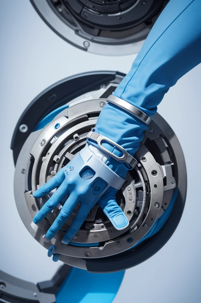Round image with a mechanical arm holding a @
The arm needs to have fingers and be more clear Blue and white colors