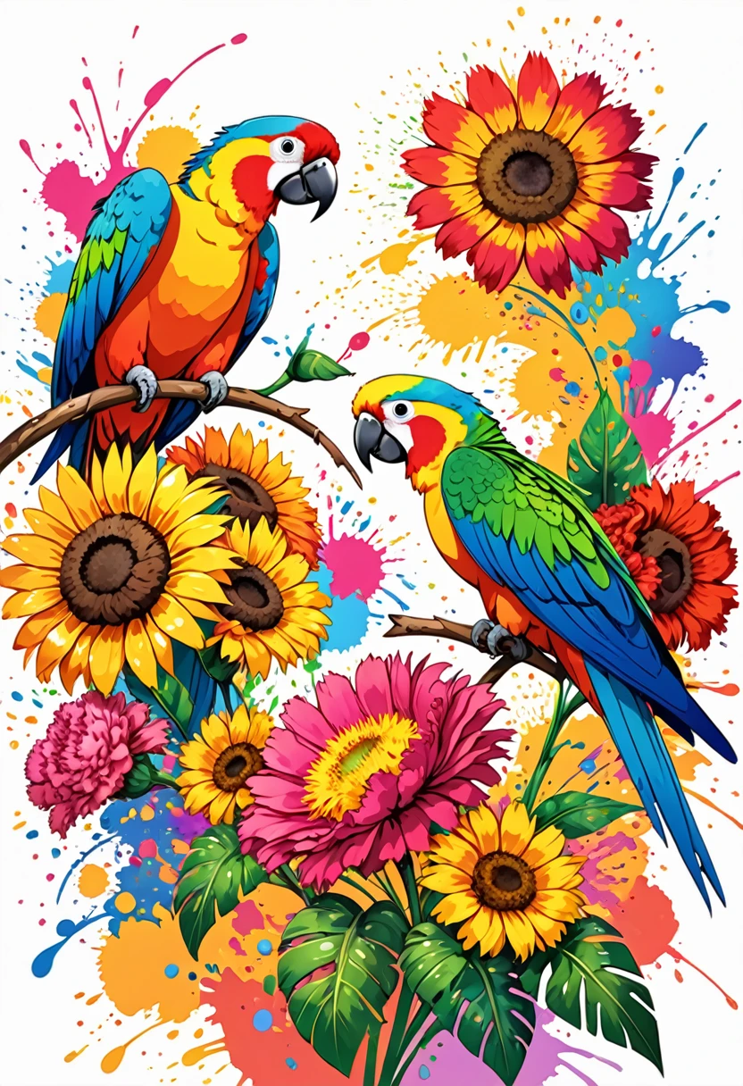 vectorial art, Hawaii Background, Colorful illustration with two parrots and many carnations and sunflowers in the center, swirly vibrant colors, paint splashes and smears, high détail,White background