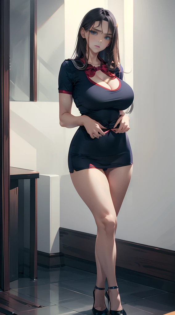 best qualityer, (photorrealistic:1.2), Hyper-resolution, Woman，red long hair，Legs long，Ultra-realistic 8K CG，impeccable face European features, Russian, impeccable perfection，fully body, ful dressed Channel vermelho, black high shoes, media aunt，breasts breasts，A sagging chest，long legsagro，being thin，ful dressed，cleavage on her breasts，Swollen breasts，crisp breasts，lactation，Green on top，black shoe，，Revealing breasts，exposing your navel，Scrawny，Legs long，medium breasts thin waist，slender leg，fine thighs，There are gaps at the base of the thighs，wear high heels