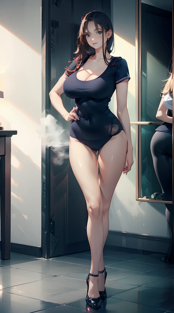 best qualityer, (photorrealistic:1.2), Hyper-resolution, Woman，red long hair，Legs long，Ultra-realistic 8K CG，impeccable face European features, Russian, impeccable perfection，fully body, ful dressed Channel vermelho, black high shoes, media aunt，breasts breasts，A sagging chest，long legsagro，being thin，ful dressed，cleavage on her breasts，Swollen breasts，crisp breasts，lactation，Green on top，black shoe，，Revealing breasts，exposing your navel，Scrawny，Legs long，medium breasts thin waist，slender leg，fine thighs，There are gaps at the base of the thighs，wear high heels