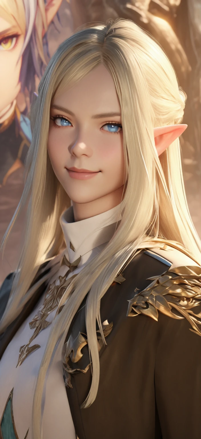 Blonde with blue eyes、Woman wearing a black jacket, a portrait of Male Elf, Beautiful male elf, elven character with smirk, Character close-up, Character Art Close-Up, Male Elf, Close-up Character, Character portrait close-up, 8K Portrait Rendering, 3d rendering character art 8k, Character close-up, A delicate androgynous prince