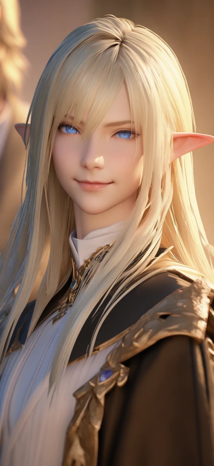 Blonde with blue eyes、Woman wearing a black jacket, a portrait of Male Elf, Beautiful male elf, elven character with smirk, Character close-up, Character Art Close-Up, Male Elf, Close-up Character, Character portrait close-up, 8K Portrait Rendering, 3d rendering character art 8k, Character close-up, A delicate androgynous prince