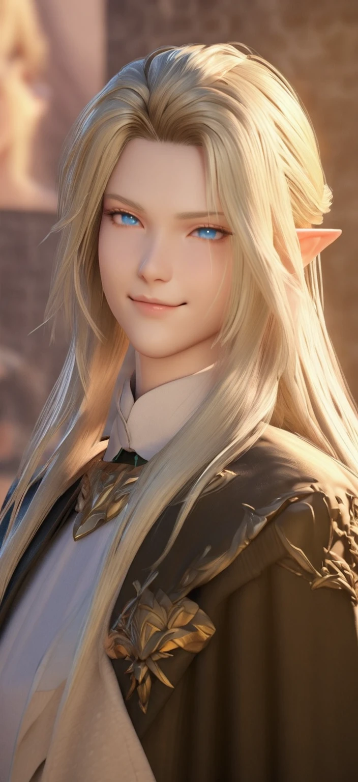 Blonde with blue eyes、Woman wearing a black jacket, a portrait of Male Elf, Beautiful male elf, elven character with smirk, Character close-up, Character Art Close-Up, Male Elf, Close-up Character, Character portrait close-up, 8K Portrait Rendering, 3d rendering character art 8k, Character close-up, A delicate androgynous prince
