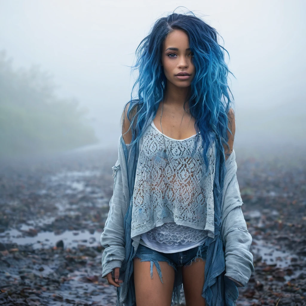1 fille, beautiful biracial woman, blue hair, blue eyes, in the big fog, Torn clothes, extremely detailed full body