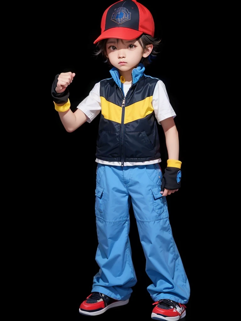 A boy, in blue pants, black jacket with yellow stripe, with a cap over his head and red sneakers.