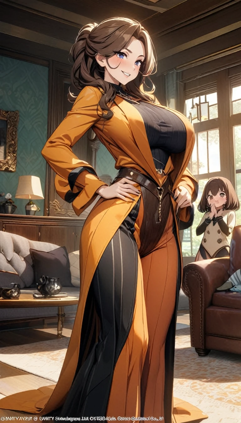 Official Arts, unity wallpaper 8k, ultra detailed, beautiful and aesthetically pleasing, Masterpiece, Best Quality,female, 2 women, mother and daughter, 30-year-old woman, wealthy busty milf, lascivious brown hair, dressed in coguar outfits that attract the attention of excited 18-year-olds with a mischievous smile; with airs of superiority, both are in the living room of their house