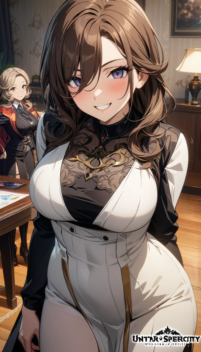 sscore_9, score_8_up, score_7_up, score_6_up, uncensored, katalina \(granblue fantasy\), brown hair, forehead, parted bangs, long hair, wavy hair, brown eyes, adult, mature, naughty face, shiny skin, sweating, steaming body, heavy breathing, BREAK (masterpiece:1.2), best quality, high resolution, unity 8k wallpaper, (illustration:0.8), (detailed eyes:1.3), extremely detailed face, perfect lighting, extremely detailed CG, (perfect hands, perfect anatomy), large breasts, gloves, looking_at_viewer,  solo, pantyhose, shirt, blush, white_shirt, jacket, collared_shirt, crossed legs, 