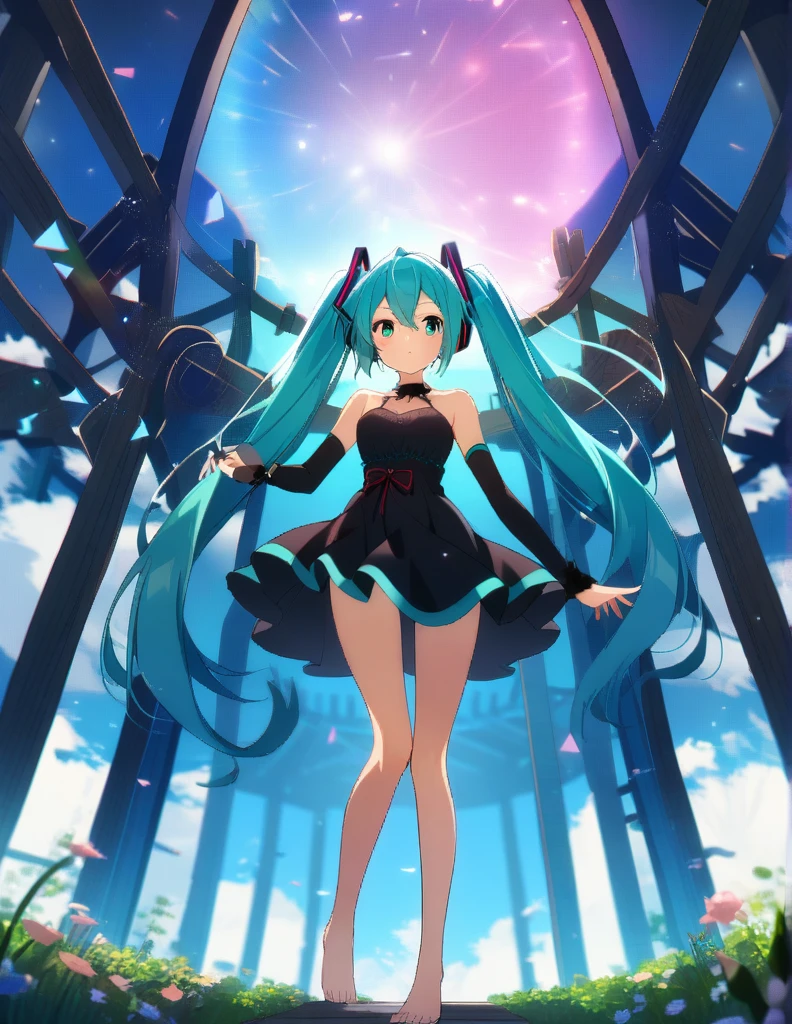 1girl, halter dress,long legs, barefoot, wooden garden,down view,, Hatsune Miku,