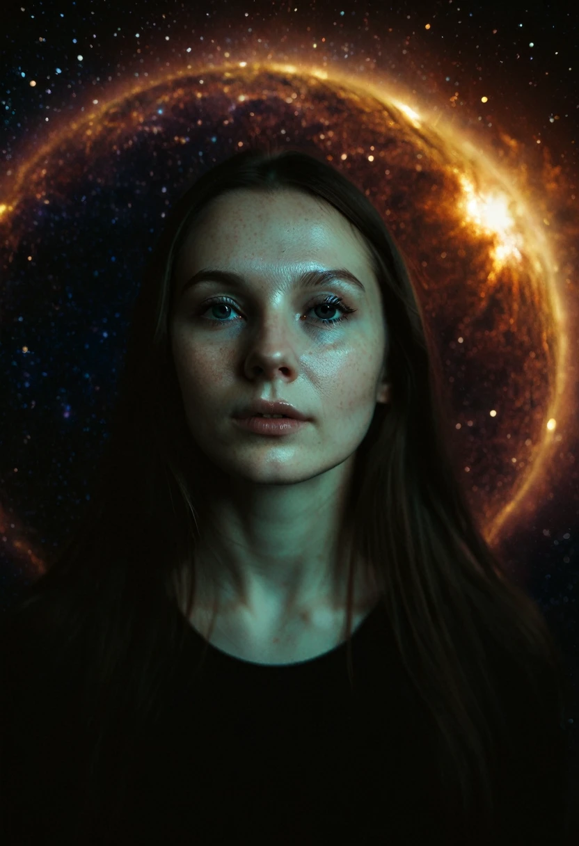 A beautiful evil slavic woman, pale skin, long hair, Double exposure, 30yo female portrait unusual angle, star system galaxy, planet, supernova, simple black background,  warm tones, side lighting, natural skin details, 4k, UHD, masterpiece, detailed eyes, detailed face, detailed skin, perfect hands, perfect feets, photo, high skin detail, moles, imperfect skin, ultra realism, RAW photo, subsurface scattering