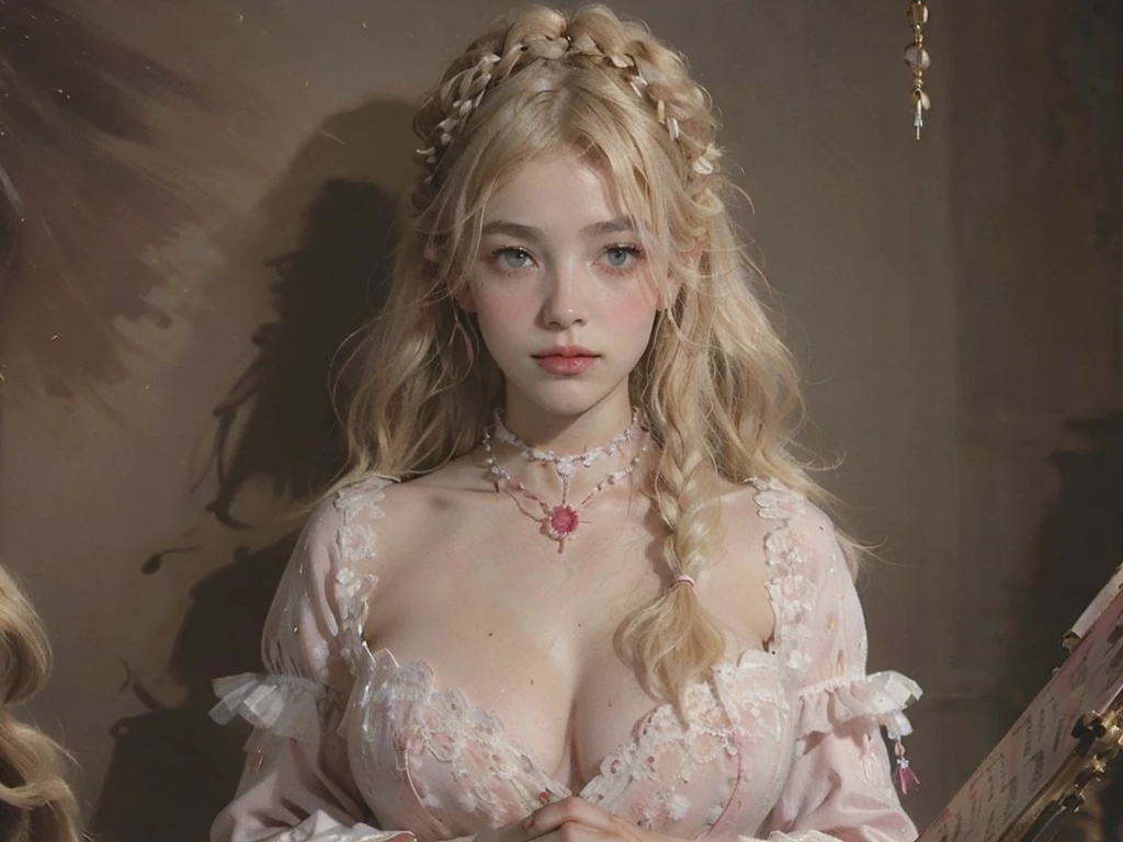 woman, seductive stare, ((portrait)), ((18 yo, detailed face, feminine skin)) , fit , (young) , beautiful , (((pale skin, wavy blonde hair))), dreamy, loving stare, bright magical fairytale fantasy atmosphere, sexy, flowers in hair, surrounded by flowers, happy, playful, ((big soft heavy breasts, busty cleavage, maid, huge tits)), in love, magical mist energy, hair flower, blush, pretty, elegant, cute, youthful, , teen, ((((choker, collar, blonde eyebrows)))), ((huge hanging boobs)), (((pink Baroque court dress, fantasy, aesthetic of softness and gentleness and innocence and fertility, ruby necklace, muddy peasant villager aesthetic)))