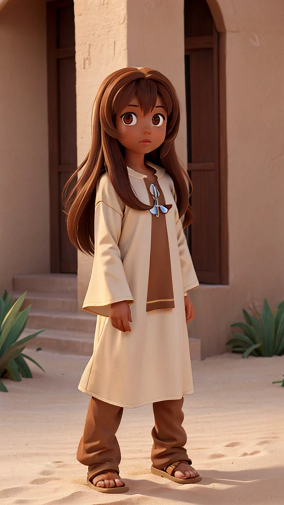 Mixed-skinned woman with long brown hair, tunic clothing like Jesus, in the desert