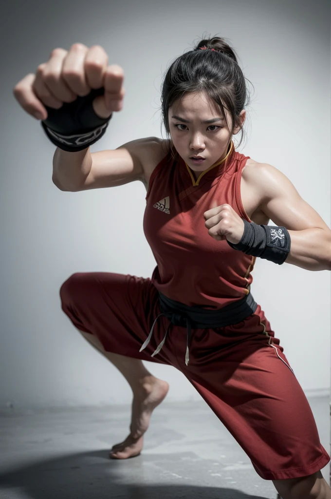 A kungfu athlete in a fighting stance, with a neutral background