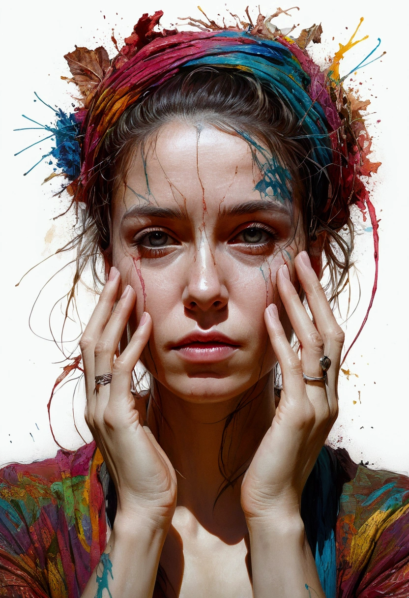 Mandy a melancholy women, Perfect centralization, coelho (franco)de Donnie, Standing position, beleza abstrata, Centrado, looking at the camera, Facing the camera, nearing perfection, triste, desespero, corpo inteiro, hands on her head, Dynamic, altamente detalhado, liso, foco nítido, 8k, high-definition resolution, illustration, arte de Carne Griffiths e Wadim Kashin, fundo Branco, vibrant colors