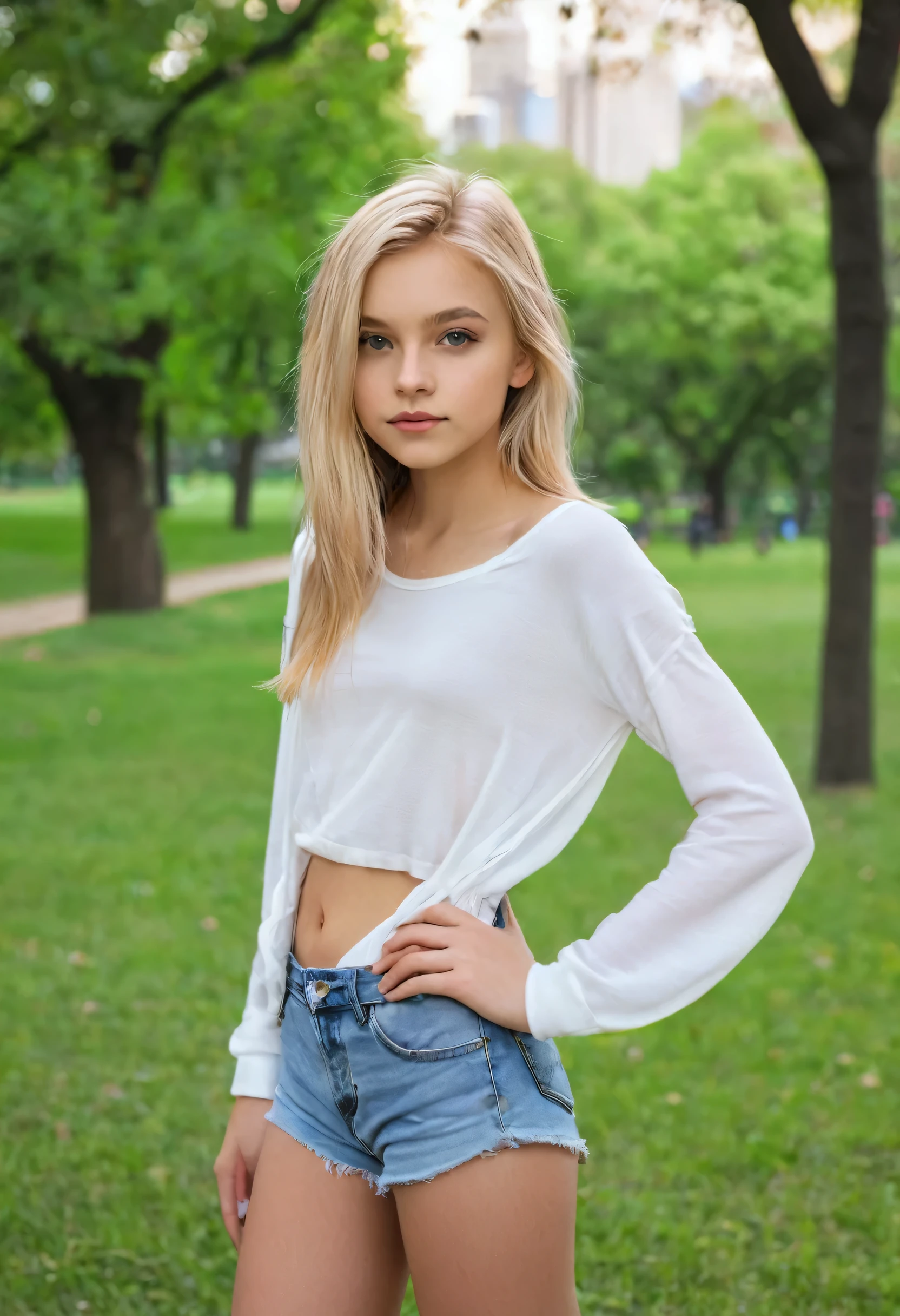 create a cute girl, in a park wearing nothing, blonde, beautiful, model pose