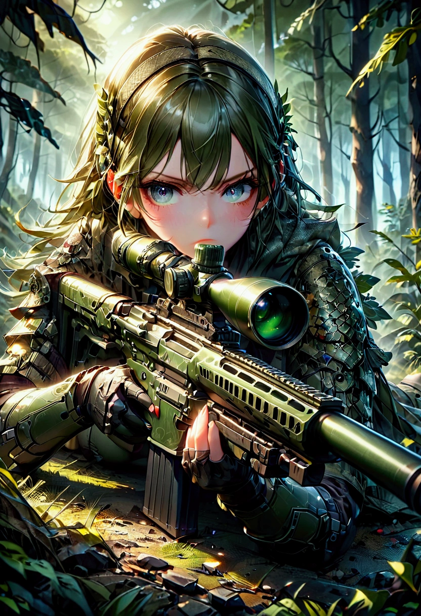 1girl, Sniper, A highly detailed, portrait of a skilled sniper in a camouflage uniform, lying prone with a high-powered sniper rifle, focused intently through the scope, surrounded by lush foliage in a forest environment, dramatic lighting, cinematic composition, hyper-detailed textures, muted color palette, gritty, masterpiece, best quality, very aesthetic, absurdres