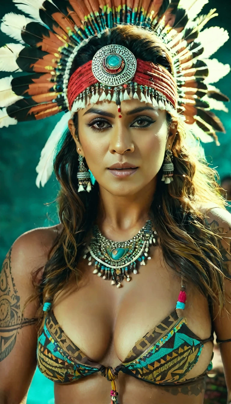 Foto RAW, skin glistening by sweat, looks like Nayanthara, sweat drops, thick figure, curvy, milf, 50 years old Woman, tattoo in the middle of her breast, with realistic Indian headdress , tribal girl, stunning looks, tribal headdress, tattoos, colourful tribal tattoos, tribal white girl, Polynesian tribe, best quality , best cinematic colour grading, detailed lighting, high resolution , (pele altamente detalhada: 1.2), 8k UHD, DSLR, soft-lighting, alta qualidade, grain of film, Fujifilm XT3, highly detailed armpits, armpits hair, fully naked, nipples covered by hai, skin pores, skin texture, high quality skin,