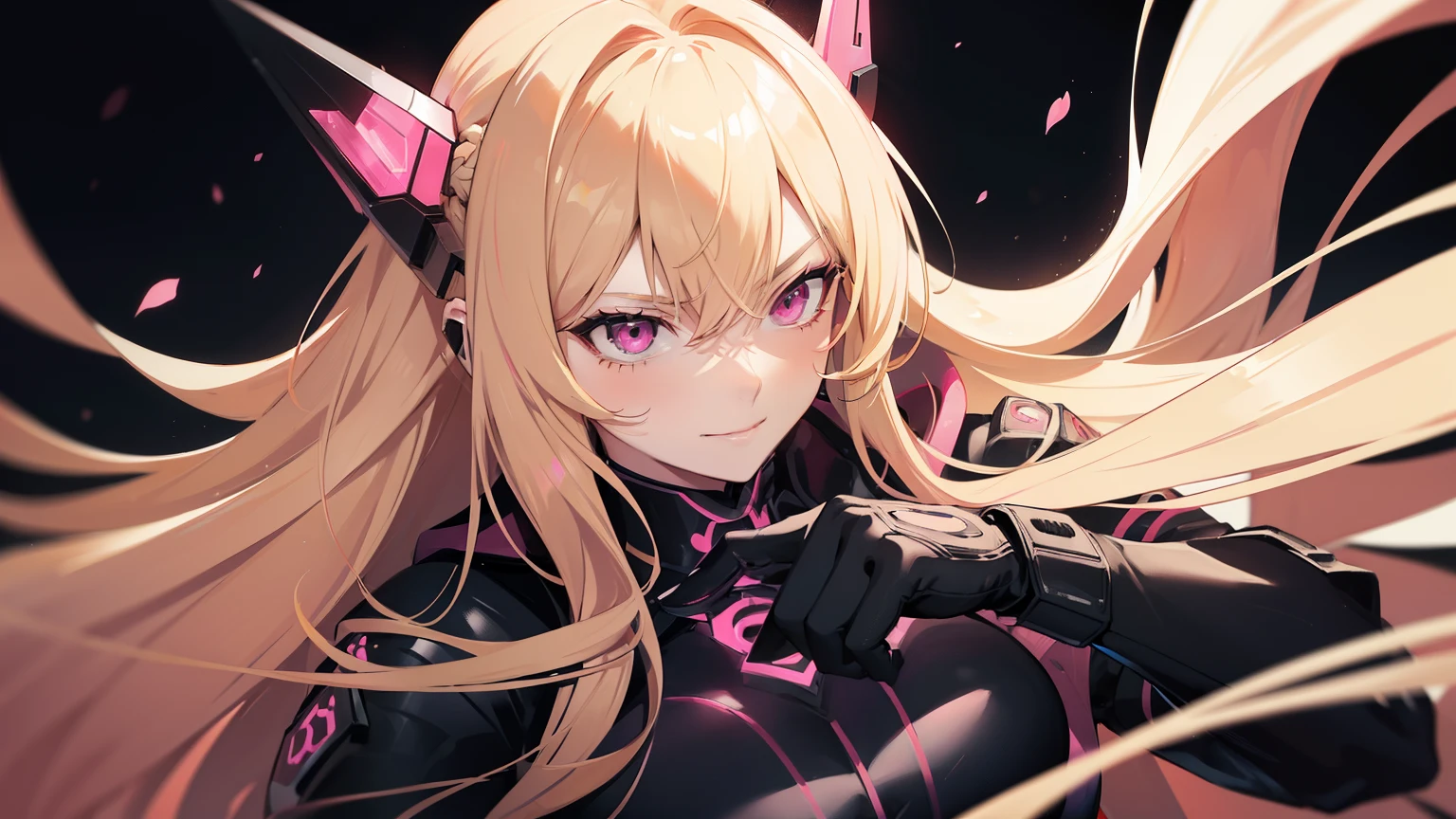 (((Adult woman))), pink eyes, (long blonde hair), black-pink plugsuit, smirk, attacking