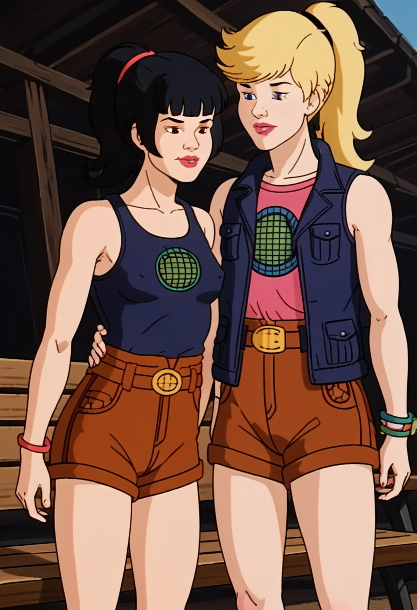 score_9, score_8, score_7, score_8_up, score_7_up, score_6_up; 
2girls: 
(((xgix,black hair,bob cut,blunt bangs,brown eyes,lipstick,bracelet, tank top, belt, brown shorts, small breasts, lies on back)));
(((xlinkax, blonde hair, ponytail, blue eyes, medium breasts, tank top, belt, brown shorts))); 
standing, by wooden bench, sunshine, covered nipples, seductive, blushing, aroused, back view, bending over, spread ass,