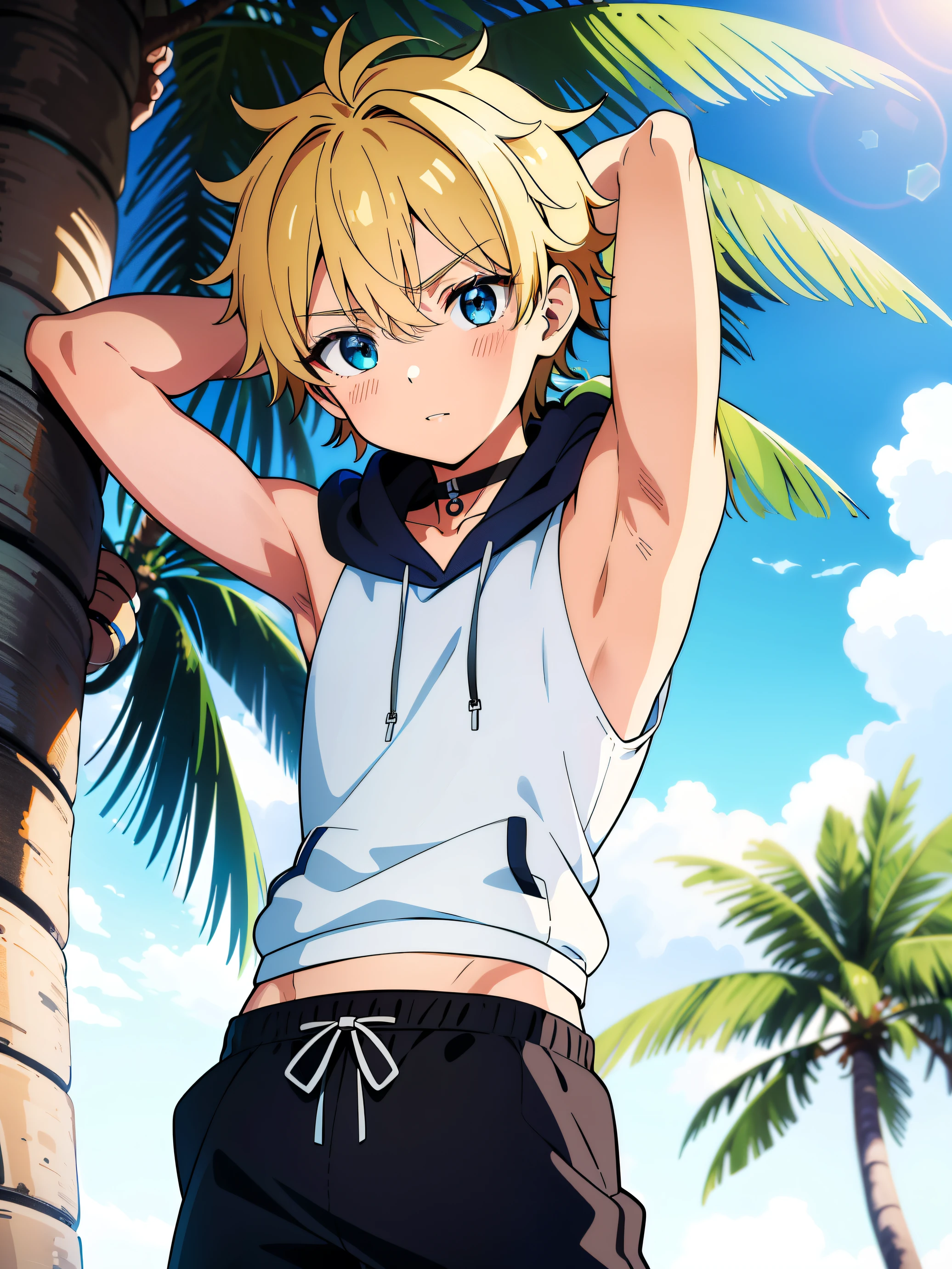 Highres, Masterpiece, Best quality at best,Best Quality,hight quality, hight detailed, Anime style, 1boy, boy, Shota, (little boys), blonde, blue eye, fluffy hair, Black skin, Sleeveless hoodie, Seen from the front, Slim body, choker, Coolarbone, upper body, coconut tree, Cheerful boy, (Showing armpit), The armpits of a 12 year old boy, Adorable little armpits, Give me a proportional picture of a 12 year old boy's armpits, (very young boy), (very small and short body), uhd, bokeh