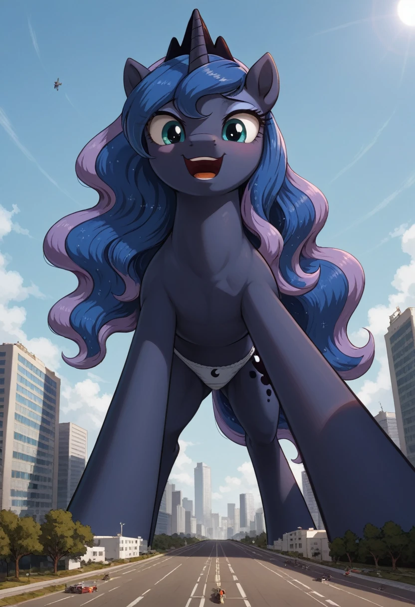 score_9, score_8_up, score_7_up, feral, GTS, giantess, macro, 1girl, solo, dynamic pose, (crawling over buildings, crawling:1.3), looking down at viewer, in Tokyo, daytime, outdoors, detailed background, (fisheye:1.2), (perspective:1.3), full body, excited, heat, looming, low angle, from the ground, source_pony, princess luna, female, blue body, straight hair, wavy hair, blue eyes, anatomically correct, feral anatomy, good anatomy, (depth of field), muted colors, extremely high quality RAW photograph, earth pony, semi-anthro, female, ponified, panties,