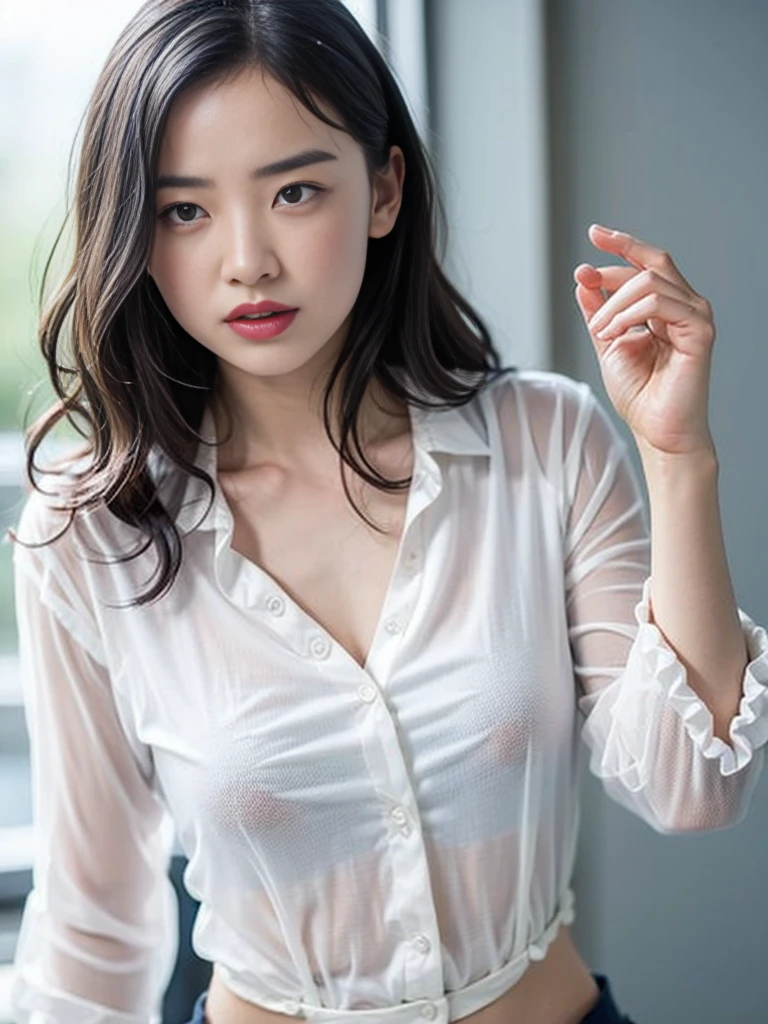Gray background、pubic hair、Large Breasts、Thighs、Red lipstick、(((Glaring)))、Curly Hair、Disheveled Hair、Cute woman、high school girl、White shirt、Navy frill mile、Open chest shirt、A wet shirt with underwear showing through、