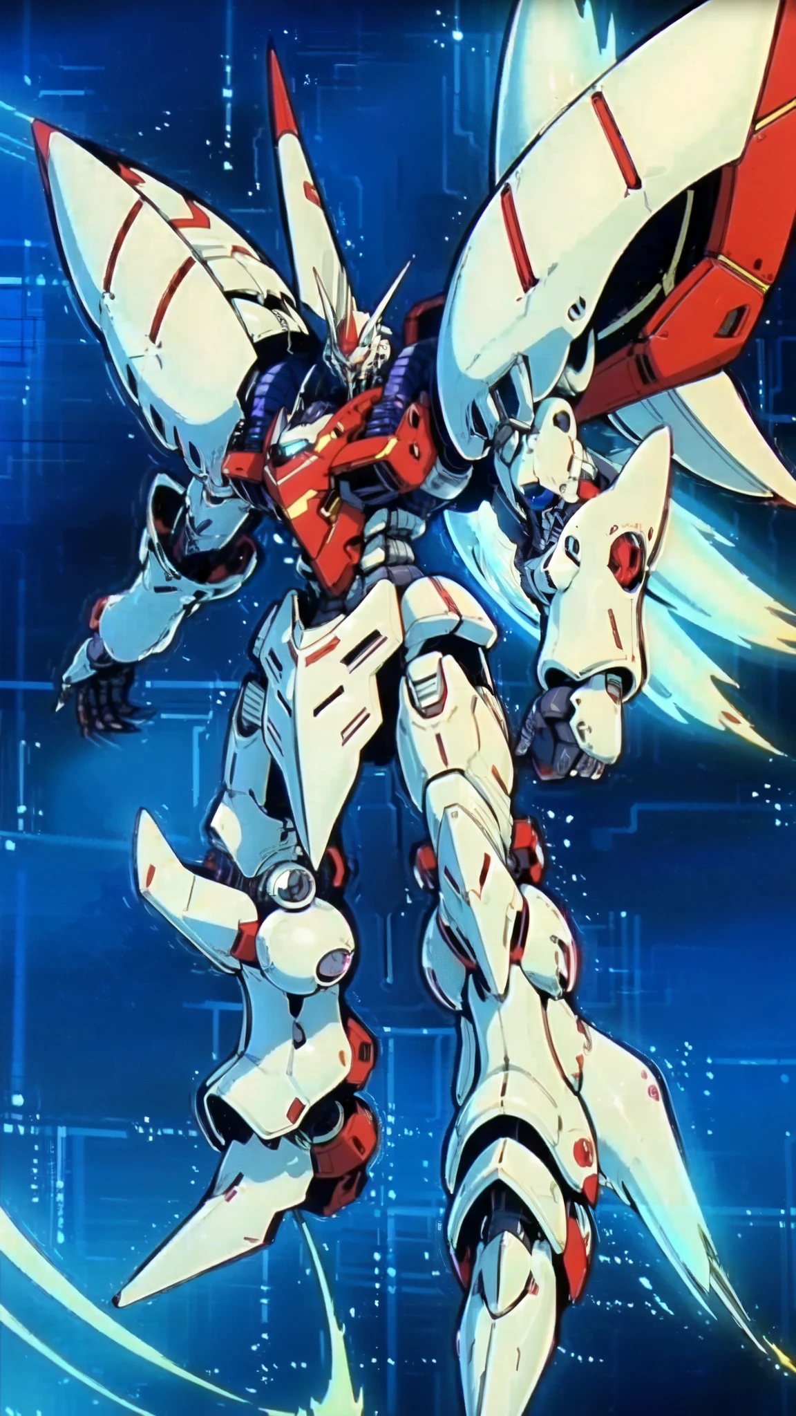 (masterpiece:1.5, best quality:1.5, extremely delicate:1.5), humanoid Mecha, fully enclosed shoulder guards, matching arm and leg guards, full body, full armor, the design balances heavy with agility, (the color scheme is primarily white with red and blue accents, the concept Inspired by Super robot, organic biotech armor, standing, floating high above the futuristic sci-fi city), exquisite and mature art style, (aura effect, energy, glowing eyes, the armor glows), ((SRS)), metallic, dramatic, high definition, highres, ultra-detailed, ultra-fine painting, professional, perfect body proportions, anatomically correct, symmetrical face, extremely detailed eyes and face, high quality eyes, creativity, RAW photo, UHD, 32k, Natural light, cinematic lighting, masterpiece-anatomy-perfect