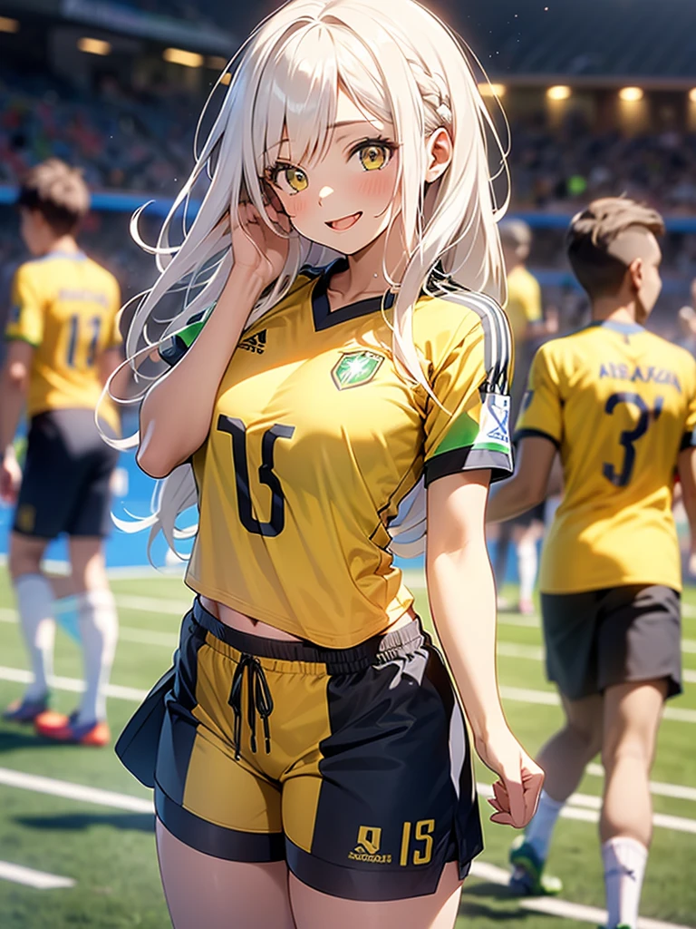 Girl, Solo, Full Body, Long hair, white hair, Yellow eyes, happy face, tongue out of the mouth, Breasts, big Breasts, large Breasts, Big Butt, Yellow shirt, Brazil shirt, soccer shirt, Shorts, mini Shorts, Dark BLUE Shorts, celebrating, exposing your hands on the side of your face, on a soccer match