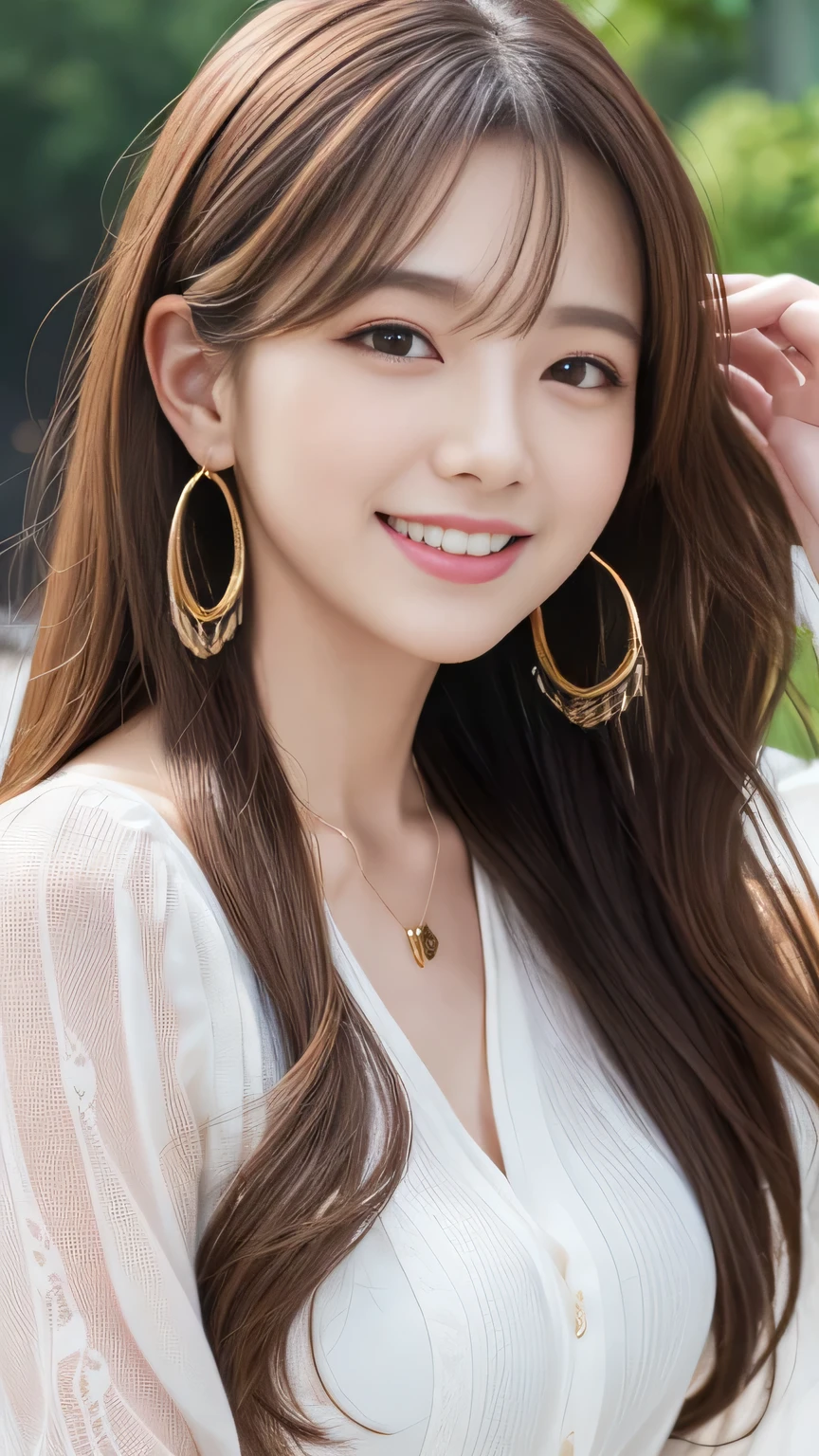 Ultra-high resolution, Superior Quality, Highest quality, Very detailed, Realistic, 8k, RAW Photos, Highest quality, masterpiece, Attractive girl, Awesome girl, Light brown hair、Wavy Hair、 hairstyle semi long、Mesh Hair, Japanese Idols, ear piercing、Necklace around the neck、blouse、smile、Beautiful teeth alignment、
