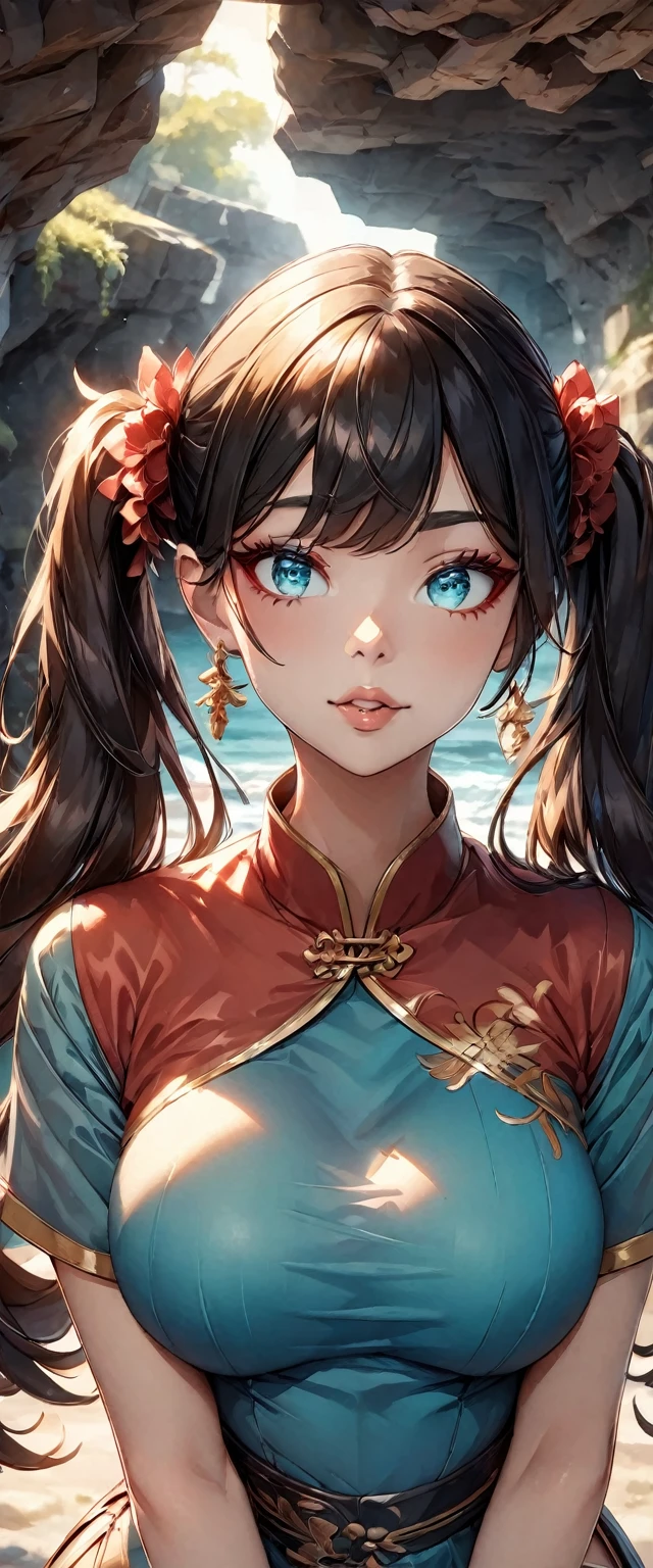 Photo of a woman with natural skin, Upper Body, Seaside cave, The light is shining in, High Twintails, Black hair with red mesh, Sharp eyes with red eyeshadow, Blue-green eyes, Shining eyes, A thin, upturned nose, Well-shaped lips, Big Breasts, ((China dress, Short sleeve)), barefoot, Makeup, Exquisitely crafted with the utmost attention to detail, Vibrant, amazing, Smooth, Cinematic, 4K, Backlight, (()), Shallow depth of field, ((Detailed eyes:1.3, Detailed lips:1.3, high quality, )), masterpiece, Super detailed images, High quality