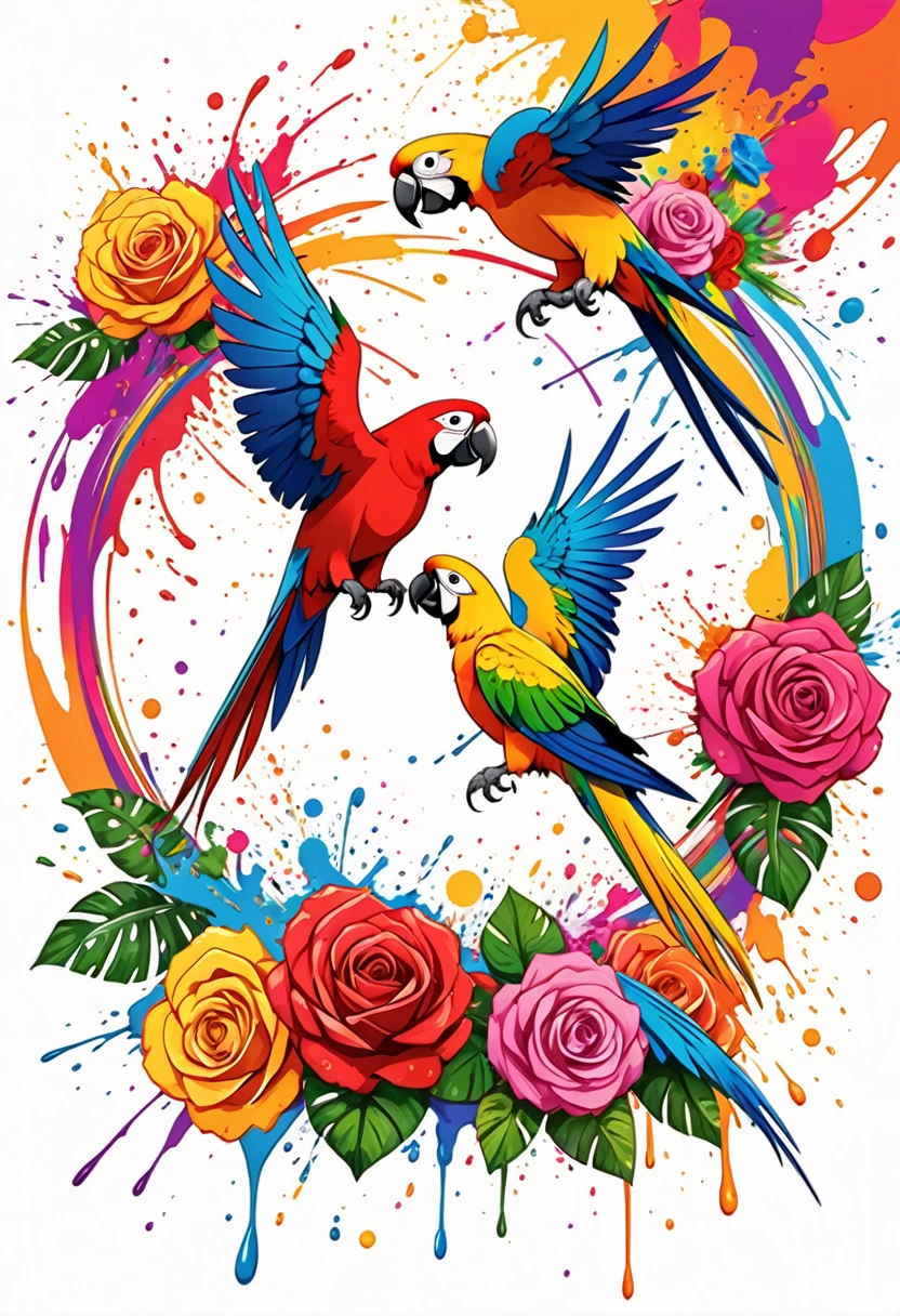 vectorial art, circular, hawaii background, Colorful illustration with two parrots and many roses, At the center, swirly vibrant colors, paint splashes and smears, high détail,White background 
