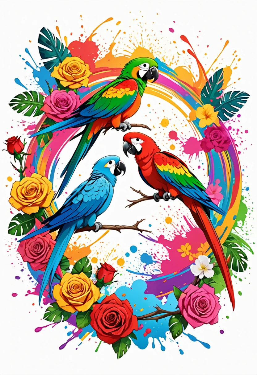 vectorial art, circular, hawaii background, Colorful illustration with two parrots and many roses, At the center, swirly vibrant colors, paint splashes and smears, high détail,White background 
