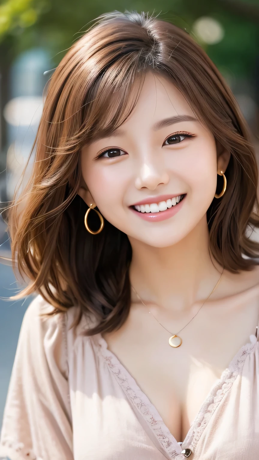 Beautiful young woman、 Korean women、Light brown hair、Wavy Hair、short hair、ear piercing、Necklace around the neck、blouse、Jacket、smile、Laughing with your mouth open、Beautiful teeth alignment、Intricate details, Very detailed:1.2), 、 Looking into the camera,The background is the town