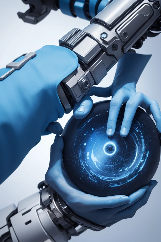 Round image with a mechanical arm holding a @
The arm needs to have fingers and be more clear Blue and white colors Less human fingers