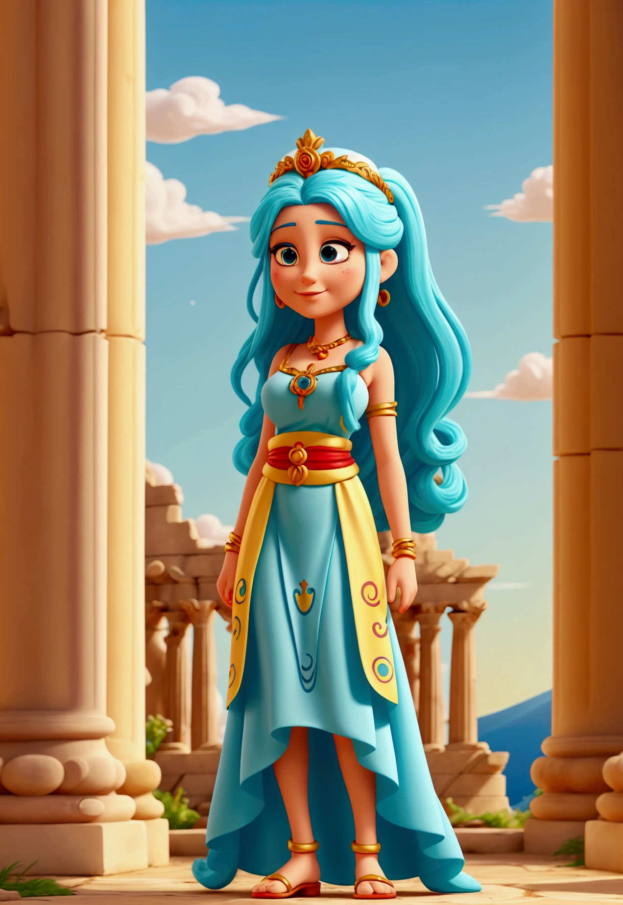 Cartoon character of a woman, A GREEK GODDESS, She is the Goddess of creativity, deusa Teka, she has long white hair, wear a blue dress , red and teal and yellow. In your hands paint brushes, She's in a Greek ruin, by your side your faithful mascot Beto