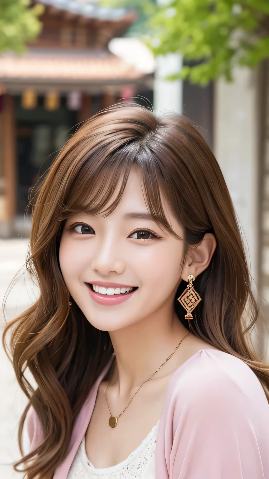 Beautiful young woman、 Korean women、Light brown hair、Wavy Hair、short hair、ear piercing、Necklace around the neck、blouse、Jacket、smile、Laughing with your mouth open、Beautiful teeth alignment、Intricate details, Very detailed:1.2), 、 Looking into the camera,The background is the town