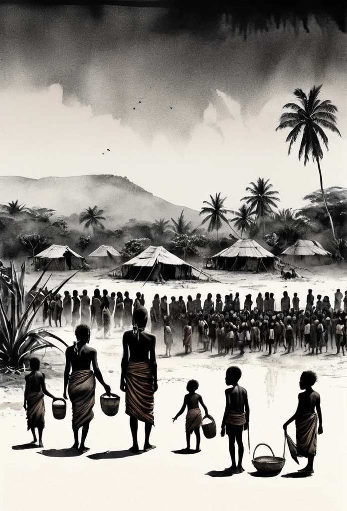 Montage Art Creation。Minimalism，black ink art, a group of refugees, melanesian, dani tribes, starving,  a man woman and children, human displacement, in low perspective views