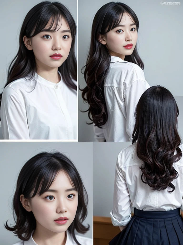 Gray background、pubic hair、Large Breasts、Thighs、Red lipstick、Curly Hair、Disheveled Hair、Cute woman、high school girl、White shirt、Navy blue mile、Open chest shirt、Watching from behind、One Woman、Gazing at the sea、