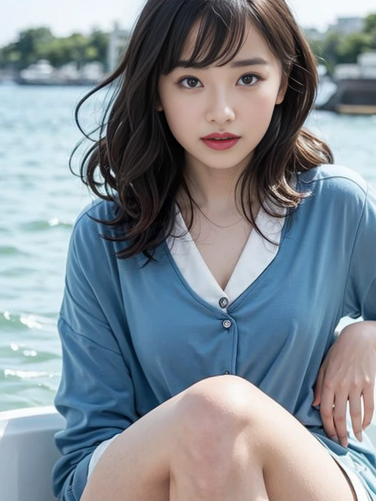 Gray background、pubic hair、Large Breasts、Thighs、Red lipstick、Curly Hair、Disheveled Hair、Cute woman、high school girl、White shirt、Navy blue mile、Open chest shirt、Watching from behind、One Woman、Gazing at the sea、