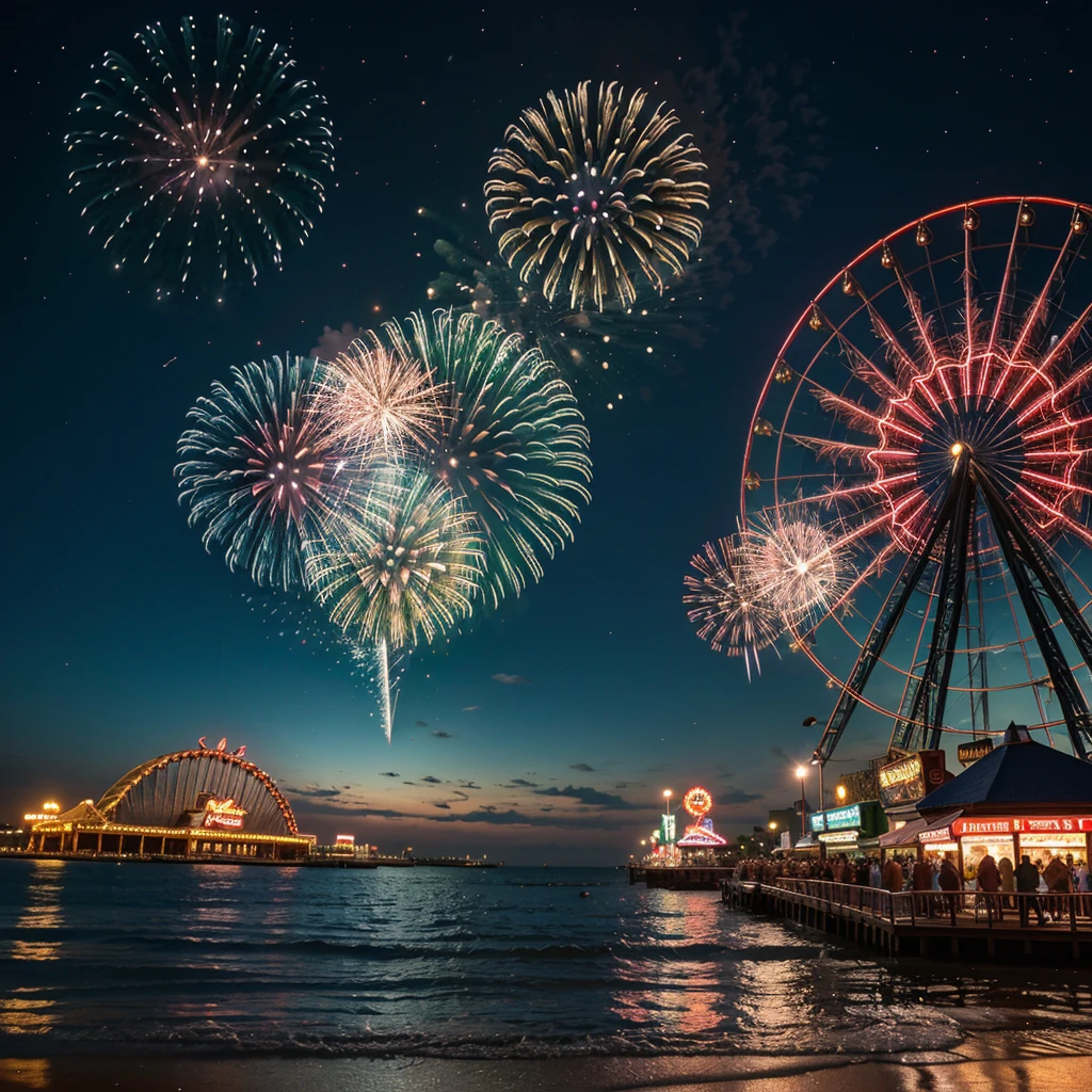 A vibrant nighttime scene at Coney Island, with a brilliant display of fireworks lighting up the sky in a spectrum of colors. In the foreground, the iconic amusement park features the Cyclone roller coaster, the Wonder Wheel Ferris wheel, and various brightly lit rides and attractions. The beach and boardwalk are bustling with excited visitors, families, and friends, all looking up in awe at the fireworks. The reflections of the fireworks shimmer on the ocean water, creating a magical and festive atmosphere
