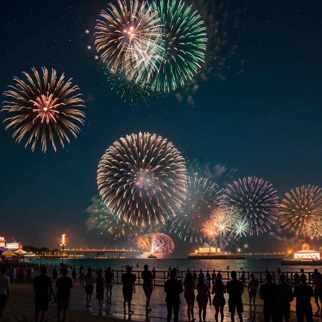 A vibrant nighttime scene at Coney Island, with a brilliant display of fireworks lighting up the sky in a spectrum of colors. In the foreground, the iconic amusement park features the Cyclone roller coaster, the Wonder Wheel Ferris wheel, and various brightly lit rides and attractions. The beach and boardwalk are bustling with excited visitors, families, and friends, all looking up in awe at the fireworks. The reflections of the fireworks shimmer on the ocean water, creating a magical and festive atmosphere