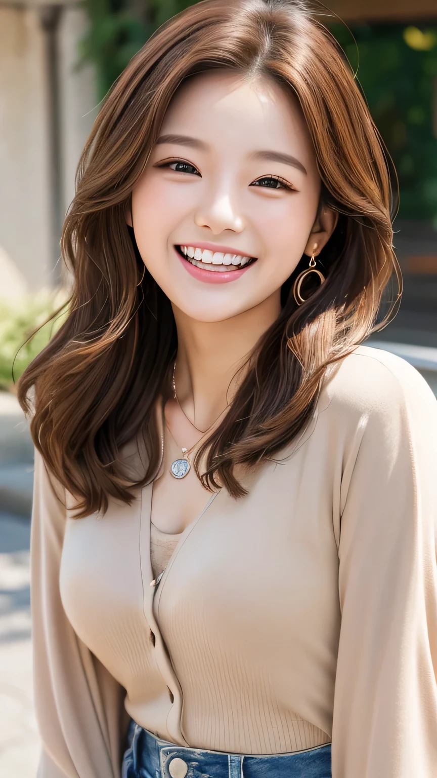 Beautiful young woman、 Korean women、Light brown hair、Wavy Hair、short hair、ear piercing、Necklace around the neck、blouse、Jacket、smile、Laughing with your mouth open、Beautiful teeth alignment、Intricate details, Very detailed:1.2), 、 Looking into the camera,The background is the town