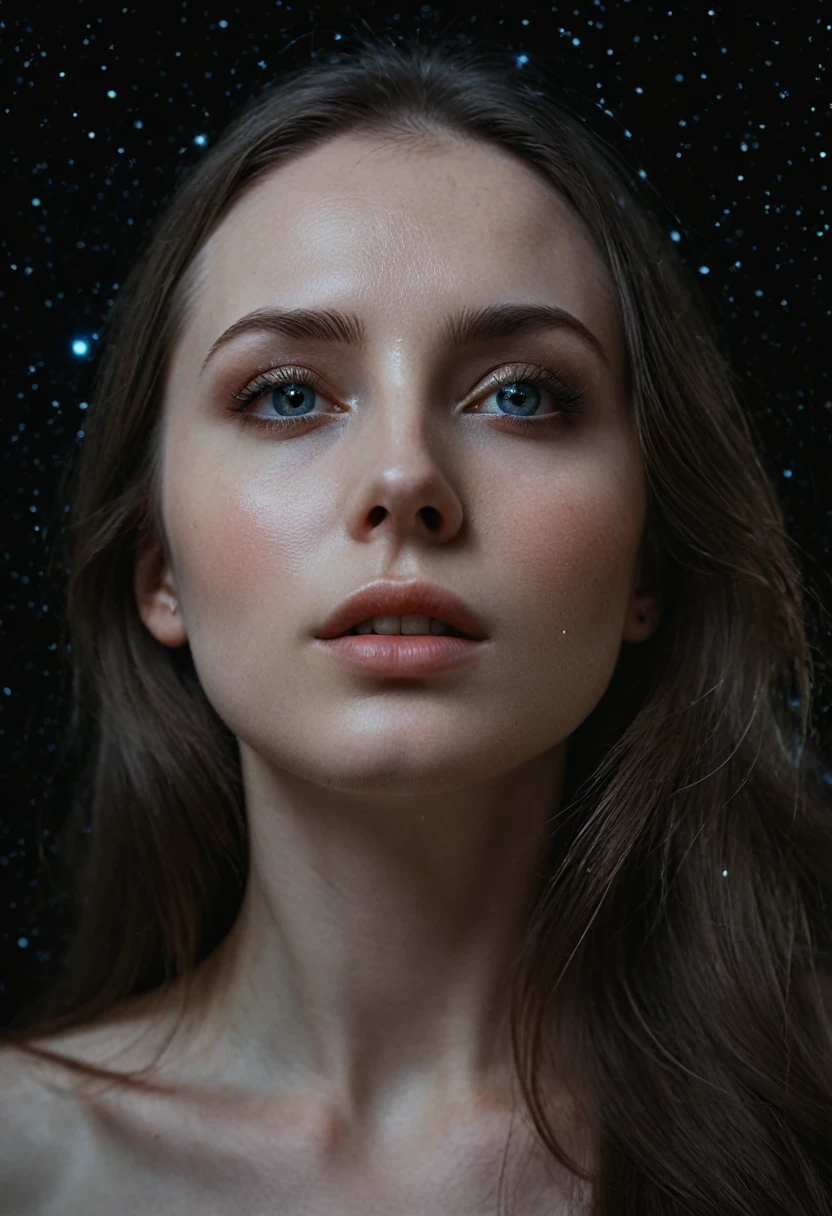 A beautiful evil slavic woman, pale skin, long hair, Double exposure, 30yo female portrait unusual angle, star system galaxy, planet, supernova, simple black background,  warm tones, side lighting, natural skin details, 4k, UHD, masterpiece, detailed eyes, detailed face, detailed skin, perfect hands, perfect feets, photo, high skin detail, moles, imperfect skin, ultra realism, RAW photo, subsurface scattering