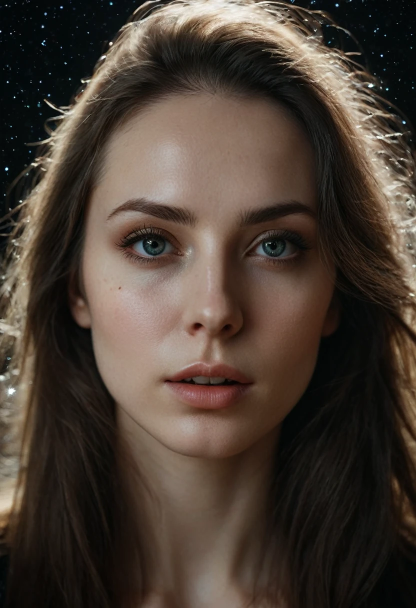 A beautiful evil slavic woman, pale skin, long hair, Double exposure, 30yo female portrait unusual angle, star system galaxy, planet, supernova, simple black background, warm tones, side lighting, natural skin details, 4k, UHD, masterpiece, detailed eyes, detailed face, detailed skin, perfect hands, perfect feets, photo, high skin detail, moles, imperfect skin, ultra realism, RAW photo, subsurface scattering