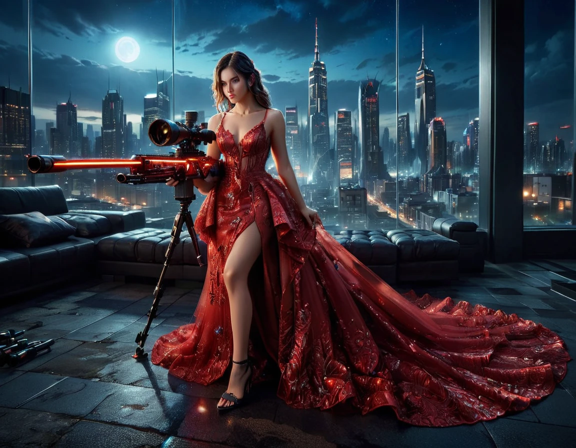 a portrait picture of a 1single sniper woman, standing in a window aiming a sniper rifle, an exotic elegant, beautiful sniper woman, dynamic hair color, braided hair, full body shop, intense blue eyes, wearing intricate glasses ultra detailed face, wearing (intricate red evening dress: 1.5), elegant dress, dynamic color, dynamic style, wearing elegant stiletto heels , behind a window in a tall building at nigh, aiming a (Light Sniper Rifle: 1.2) , cyberpunk city background, its night time, moon rays, some clouds,  (full body shot: 1.1) , vibrant, Ultra-high resolution, High Contrast, (masterpiece:1.5), highest quality, Best aesthetics), best details, best quality, highres, ultra wide angle, 16k, [ultra detailed], masterpiece, best quality, (extremely detailed) Sniper Rifle, evening dress
