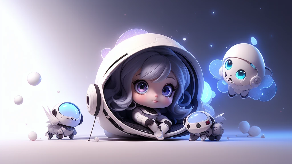 fully body photo,Beautiful female alien,Small and cute,Wearing a black and white mech ,Big cute eyes,dreamy glow,Ren,White background,globalillumination,Ray traching,hdr,The rendering is not realistic,reasonable design,high detal,tmasterpiece,Best quality at best,hyper HD,cinmatic lighting),Translucent ethereal aliens