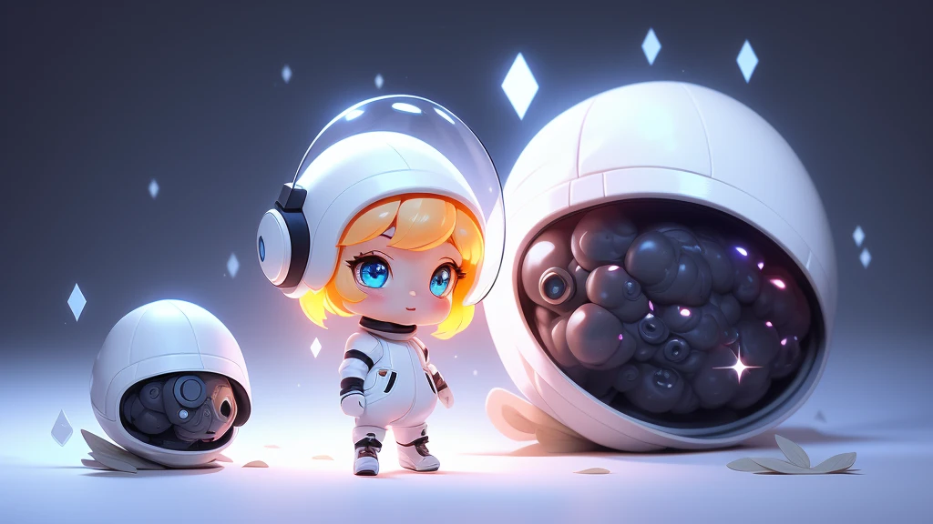 fully body photo，Beautiful female alien，Small and cute，Wearing a black and white mech ，Big cute eyes，dreamy glow，Ren，White background，globalillumination，Ray traching，hdr，The rendering is not realistic，reasonable design，high detal，tmasterpiece，Best quality at best，hyper HD，cinmatic lighting），Translucent ethereal aliens