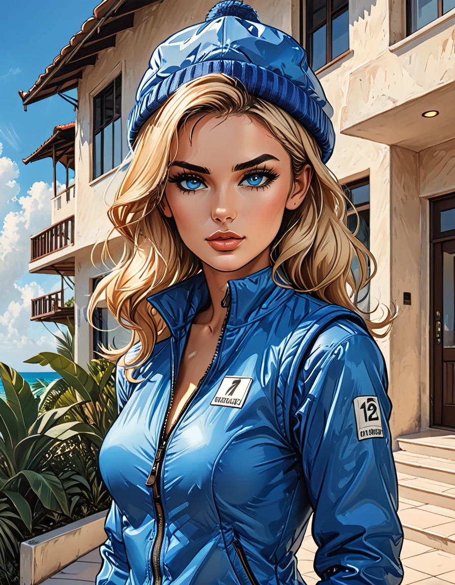 (girl in Blue zipped up down jacket) and blue winter synthetic vest and blue gloves and (((blue winter hat))) walking against the backdrop of a white hotel in the tropics,outside,  adult, [Nordic], Hourglass elongated fitness body, perfect Olive skin, Oval Face, Long neck, Rounded shoulders, perfect hand, Attached Pointed ears, round forehead, (Short blonde Waves pixie hair), snub nose, Arched eyebrows, ((Monolid blue Eyes)), High Round Narrow cheekbones, Dimpled Cheeks, Rounded Chin, Rounded Jawline, Full nude Lips, (blue eyes), Nude Makeup Look, long eyelashes, third breast size, ong slim fitness legs, graphic style of novel comics, perfect hands, 2d, 8k, hyperrealism, masterpiece, high resolution, best quality, ultra-detailed, super realistic, Hyperrealistic art, high-quality, ultra high res, highest detailed, lot of details, Extremely high-resolution details, incredibly lifelike, soft cinematic light,